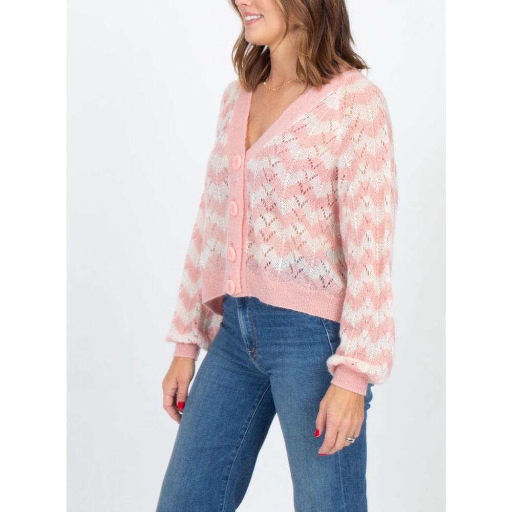 BYTIMO Wool Mohair Knit Pink Chevron Striped Button Down Cardigan | Small - Picture 9 of 10